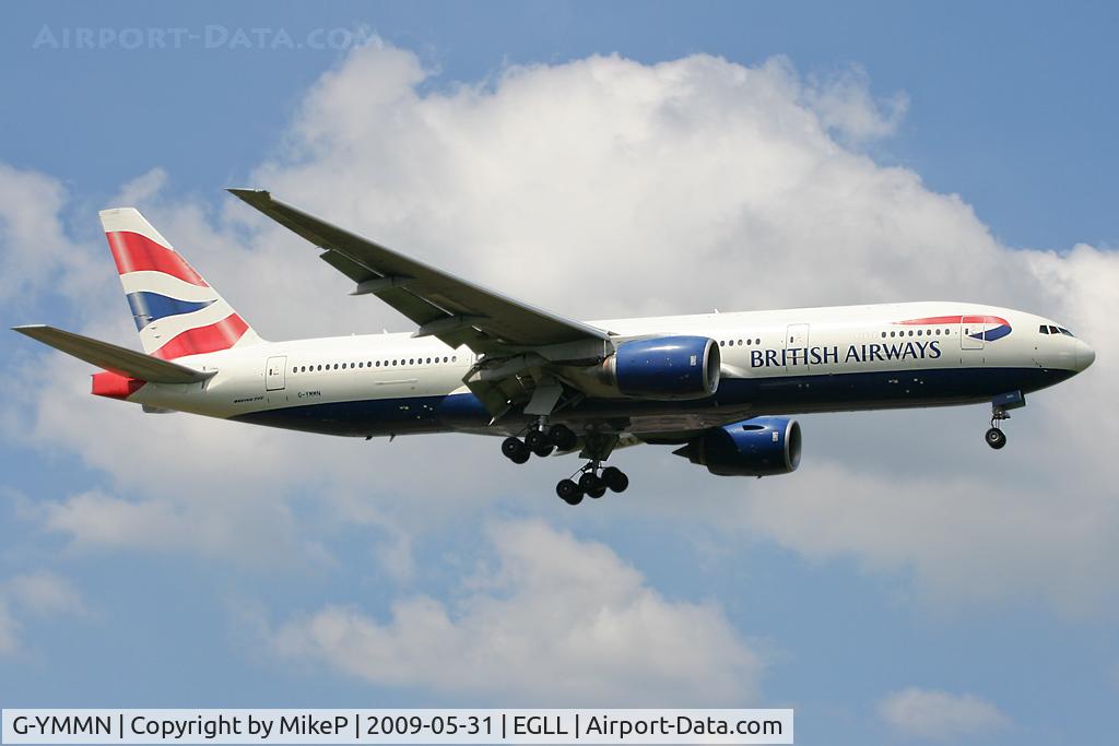 G-YMMN, 2001 Boeing 777-236 C/N 30316, Short final to 09L at Heathrow.
