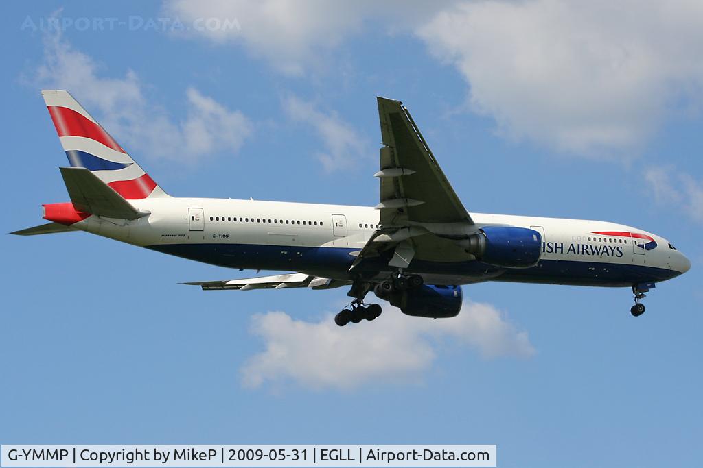 G-YMMP, 2001 Boeing 777-236 C/N 30315, Short final to 09L at Heathrow.