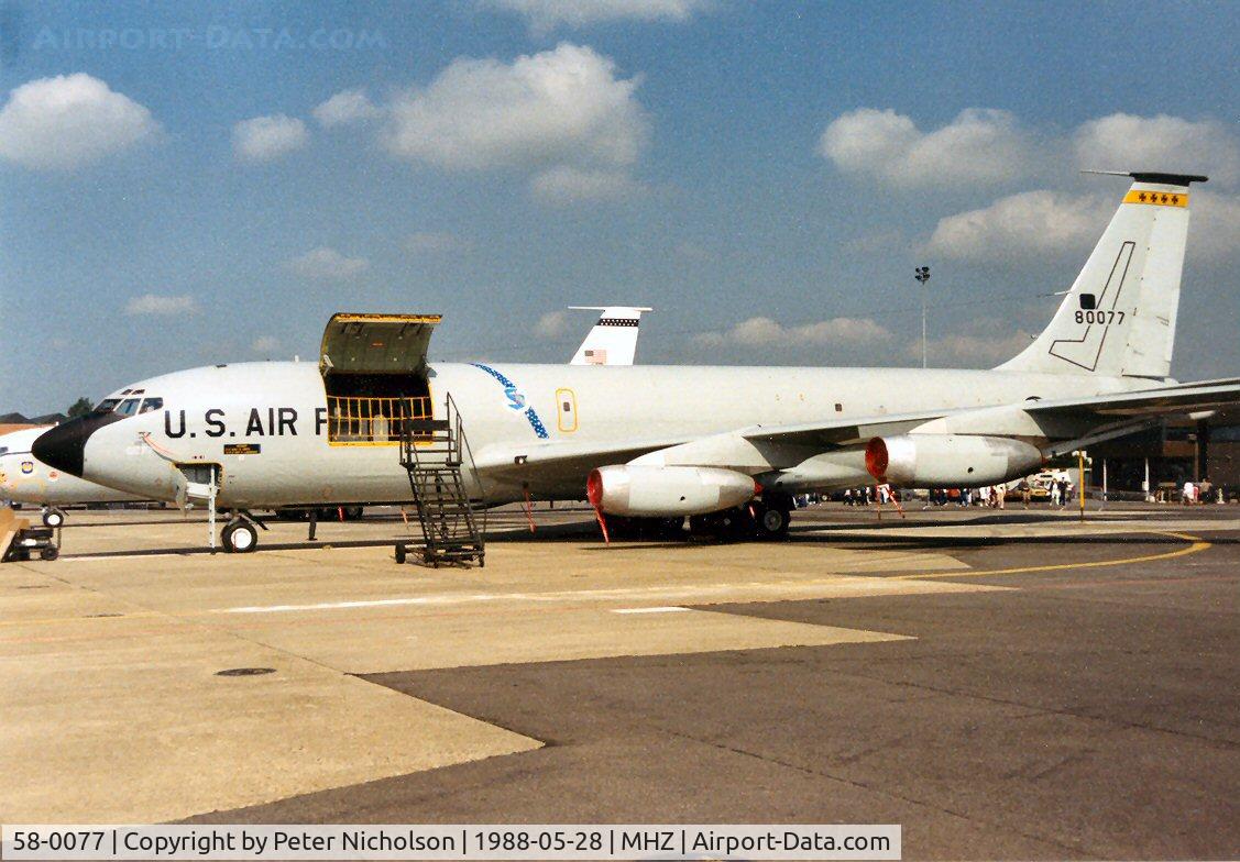 58-0077, 1958 Boeing KC-135Q Stratotanker C/N 17822, KC-135Q Stratotanker of 9th Strategic Reconnaissance Wing at Beale AFB on display at the 1988 Mildenhall Air Fete.