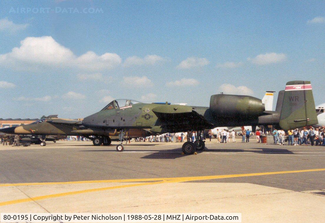 80-0195, 1980 Fairchild Republic A-10A Thunderbolt II C/N A10-0545, A-10A Thunderbolt of 510th Tactical Fighter Squadron/81st Tactical Fighter Wing on display at the 1988 Mildenhall Air Fete.