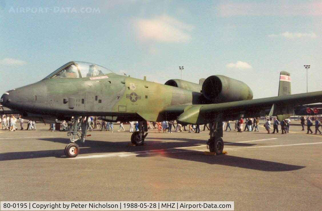 80-0195, 1980 Fairchild Republic A-10A Thunderbolt II C/N A10-0545, Another view of the 510th Tactical Fighter Squadron A-10A Thunderbolt in the static park of the 1988 Mildenhall Air Fete.