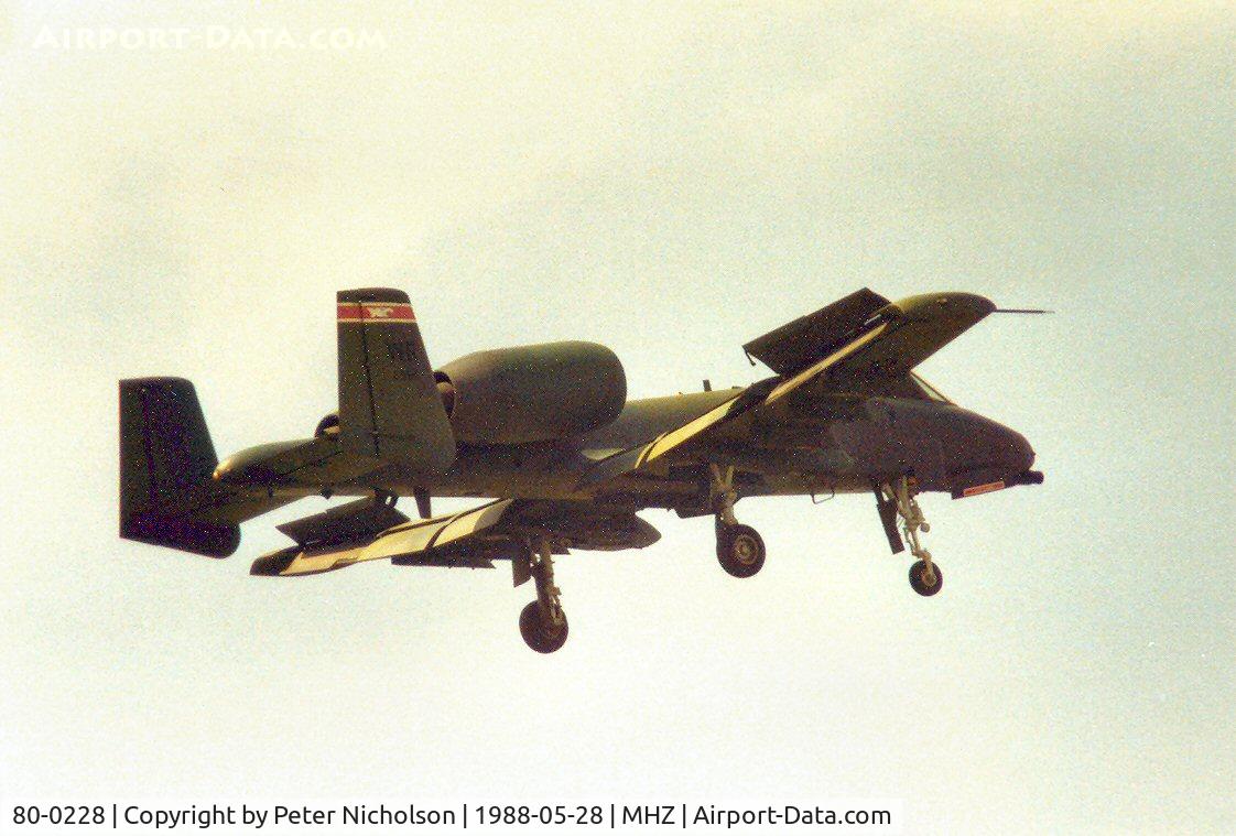 80-0228, 1980 Fairchild Republic A-10A Thunderbolt II C/N A10-0578, A flyby of one of the 510th Tactical Fighter Squadron/81st Tactical Fighter Wing's A-10A's at the 1988 Mildenhall Air Fete.
