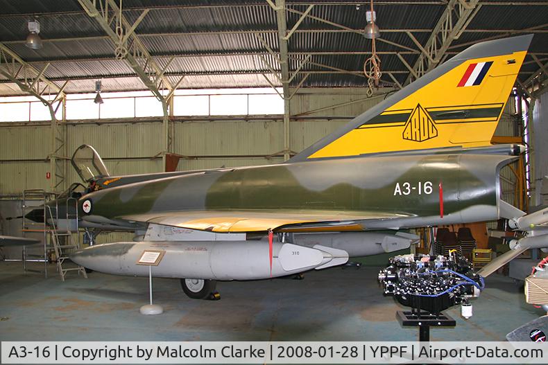 A3-16, Dassault Mirage IIIO C/N 29-16, Dassault Mirage IIIO. At the Classic Jets Fighter Museum, Parafield, Australia in 2008, in the tail colours of the ARDU.