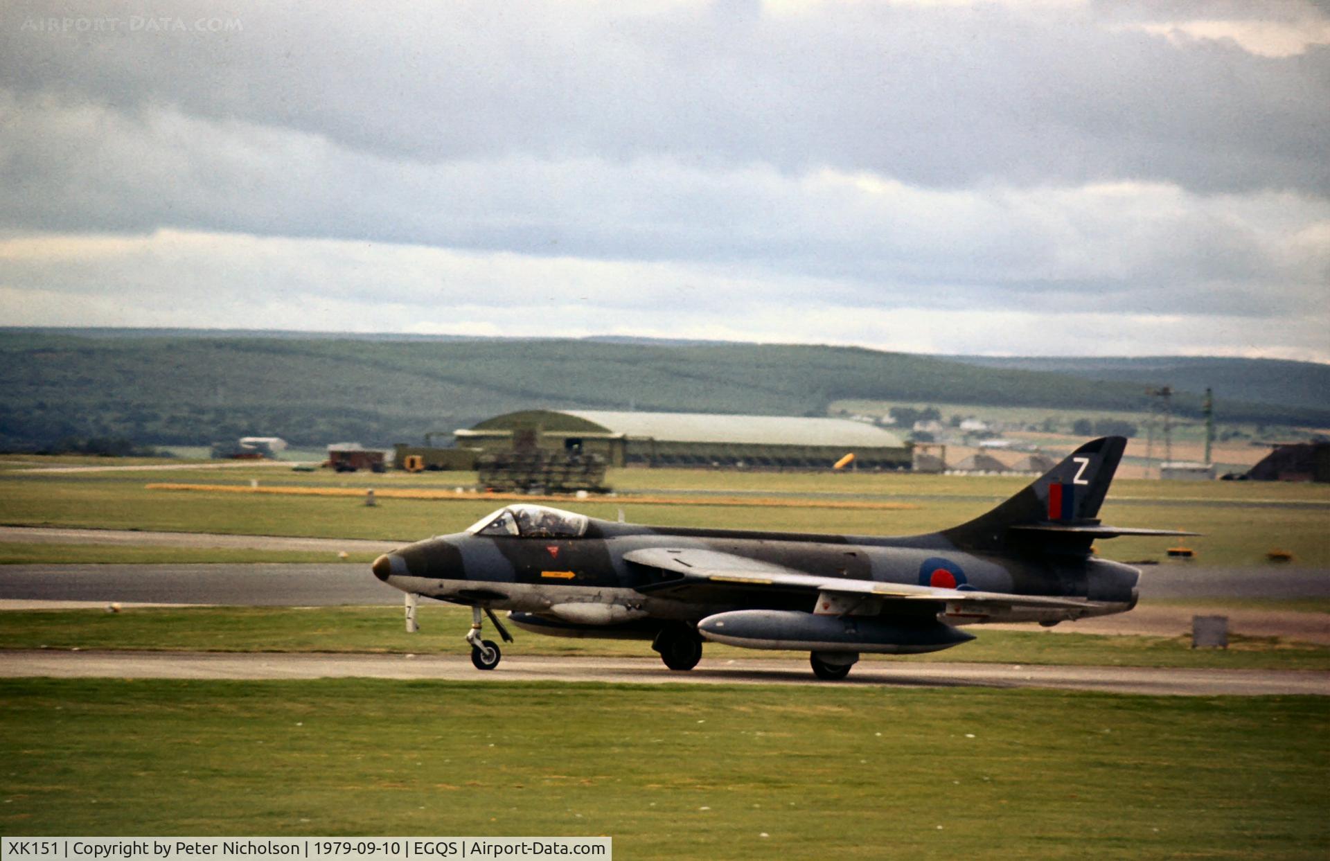XK151, 1957 Hawker Hunter FGA.9 C/N 41H/688153, Hunter FGA.9 of 2 Tactical Weapons Unit based at RAF Lossiemouth seen in September 1979.