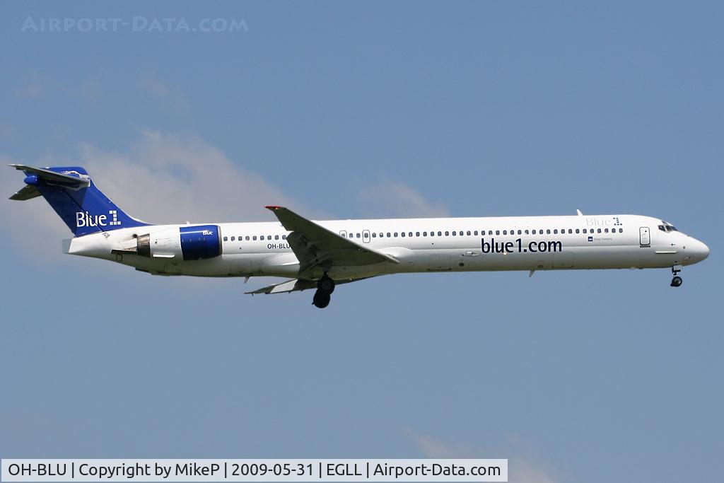 OH-BLU, 1996 McDonnell Douglas MD-90-30 C/N 53458, Short final to 09L at Heathrow.