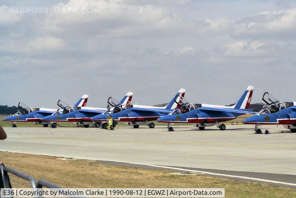 E36, Dassault-Dornier Alpha Jet E C/N E36, Dassault-Dornier Alpha Jet E. The Patrouille de France display team at Air Tattoo 1990, RAF Alconbury.