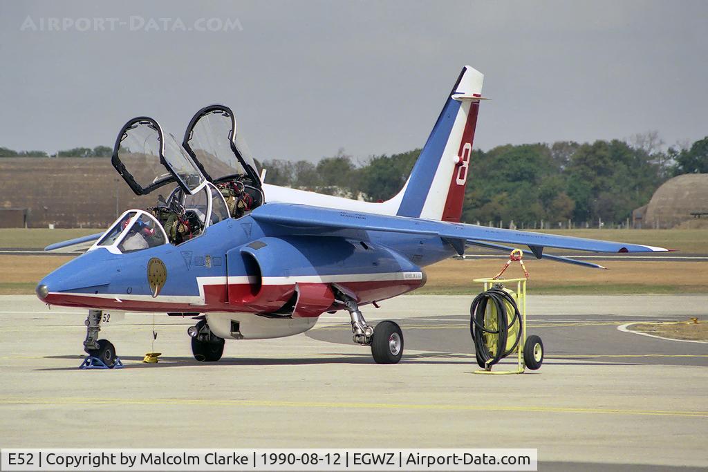 E52, Dassault-Dornier Alpha Jet E C/N E52, Dassault-Dornier Alpha Jet E. A member of the Patrouille de France display team at Air Tattoo 1990, RAF Alconbury.