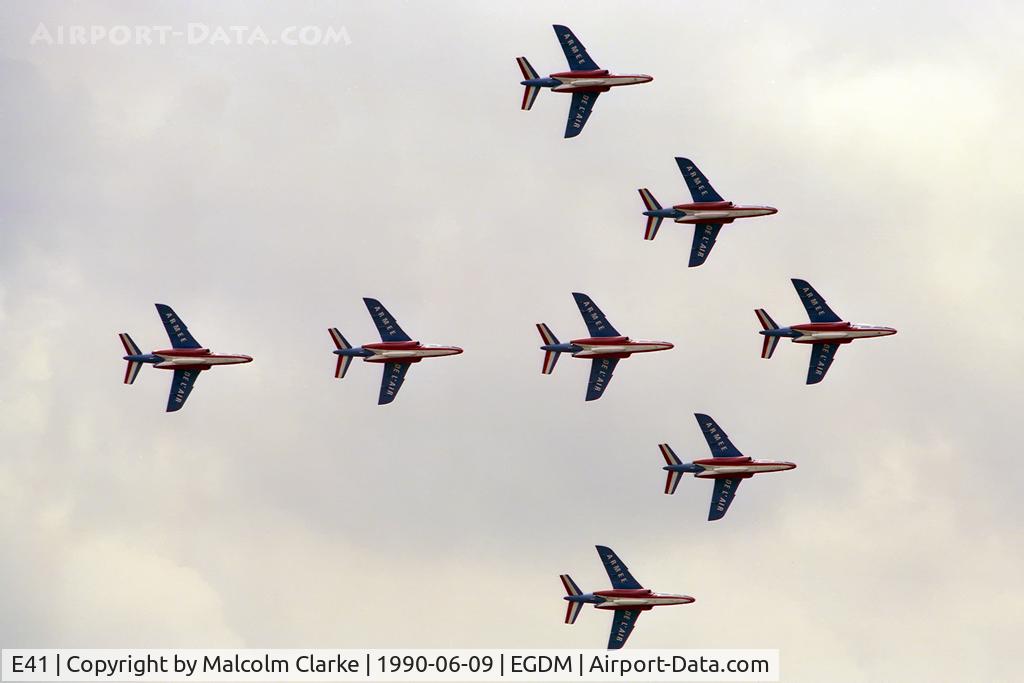 E41, Dassault-Dornier Alpha Jet E C/N E41, Dassault-Dornier Alpha Jet E. The Patrouille de France performing at Boscombe's Battle of Britain Air Show in 1990