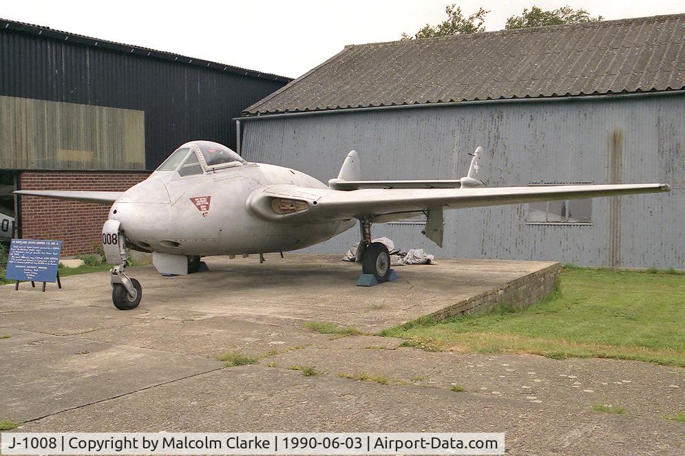 J-1008, De Havilland (FFA) DH-100 Vampire FB6 C/N 148, De Havilland Vampire FB6 (DH-100). Prior to renovation at what is now known as the De Havilland Aircraft Heritage Centre at Salisbury Hall.