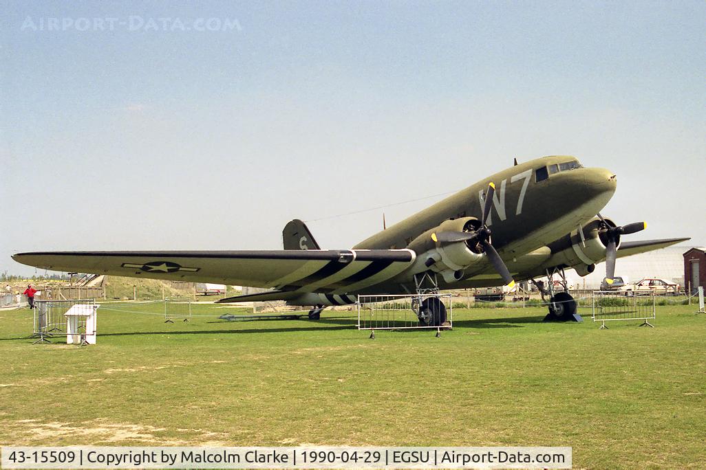 43-15509, 1943 Douglas C-47A Skytrain C/N 19975, Douglas C-47A Skytrain (DC-3A).  At the Imperial War Museum, Duxford in 1990, ex G-BHUB, now de-registered.