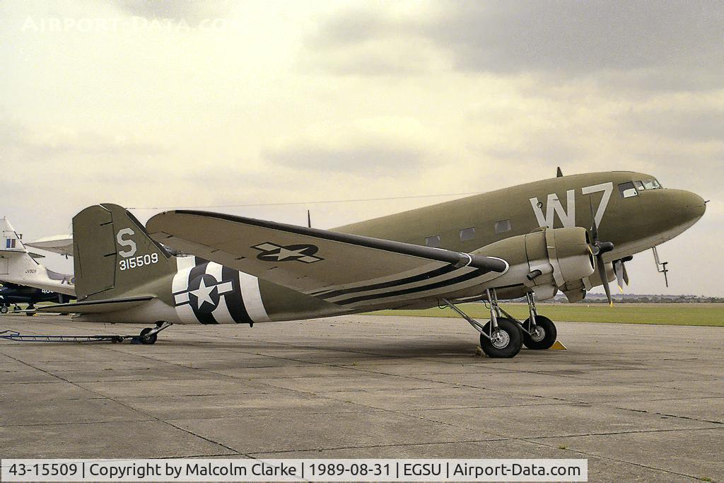 43-15509, 1943 Douglas C-47A Skytrain C/N 19975, Douglas C-47A Skytrain (DC-3A).  At the Imperial War Museum, Duxford in 1989, ex G-BHUB, now de-registered.