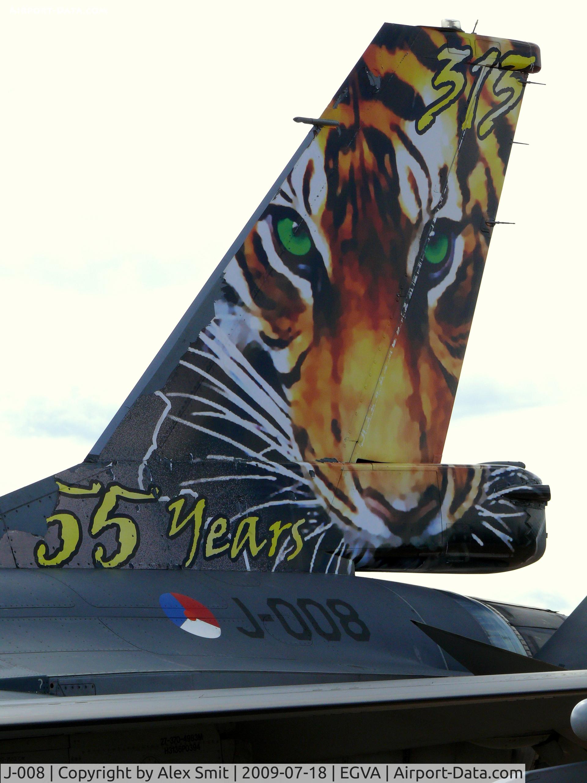 J-008, General Dynamics F-16AM Fighting Falcon C/N 6D-164, General Dynamics F-16AM Fighting Falcon J-008 Royal Netherlands Air Force with a nice tiger in it's tail to celebrate 55 years of 315 Squadron