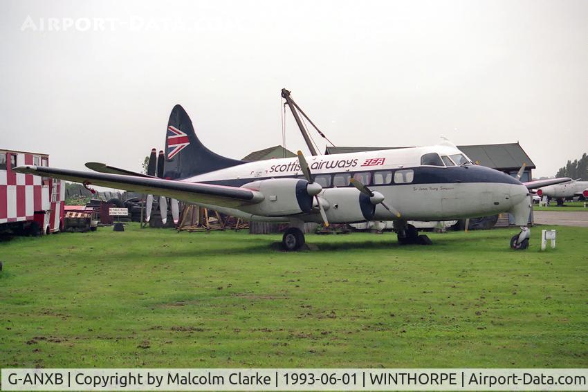 G-ANXB, De Havilland DH-114 Heron1B C/N 14048, De Havilland DH-114 Heron 1B at Newark Air Museum, Winthorpe, UK in 1993.