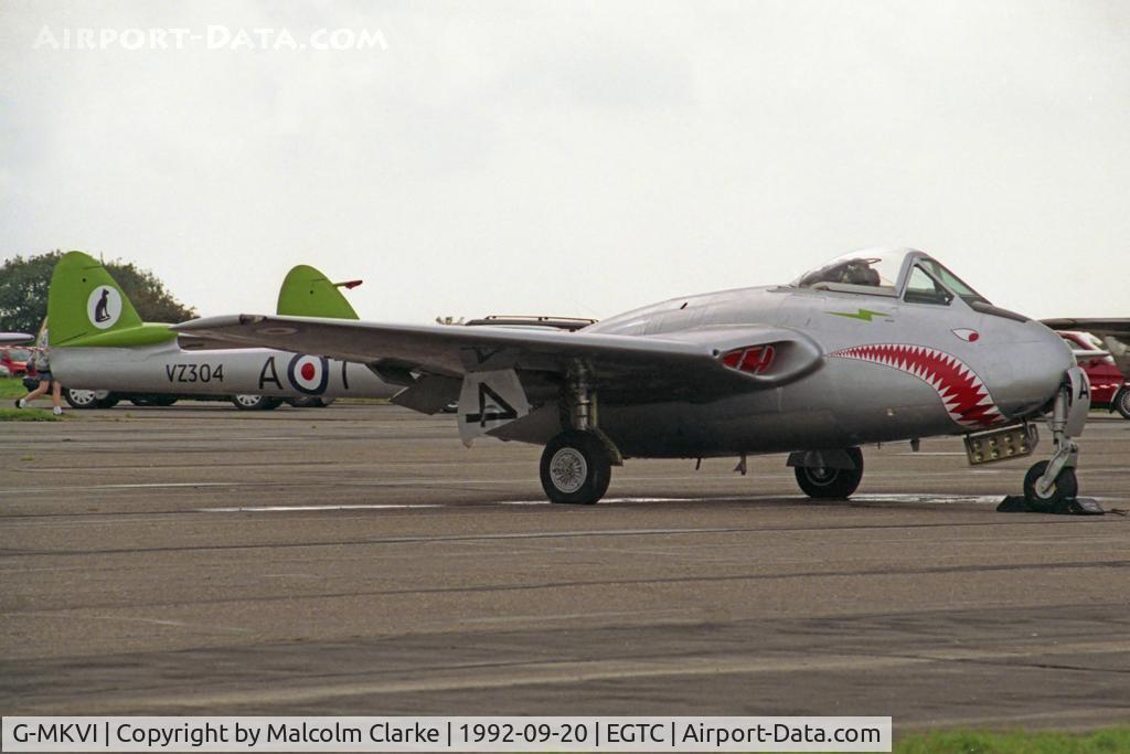 J-1167, 1953 De Havilland (FFA) Vampire FB6 (DH-100) C/N 676, De Havilland Vampire FB6 (DH-100). Formerly Swiss Air Force J-1167, at the Cranfield's Dreamflight Airshow in 1992.