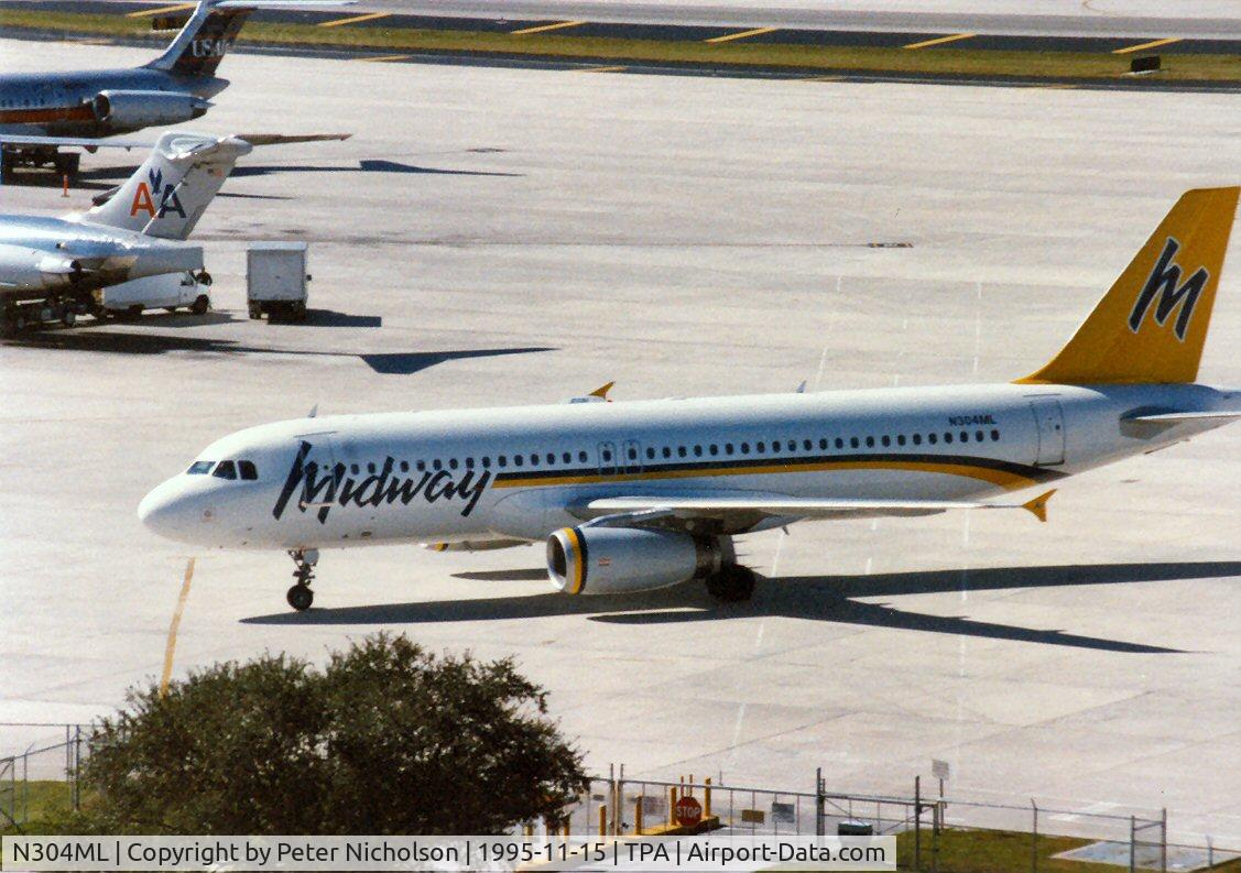 N304ML, 1993 Airbus A320-231 C/N 373, Midway Airlines A320 arriving at Tampa in November 1995.