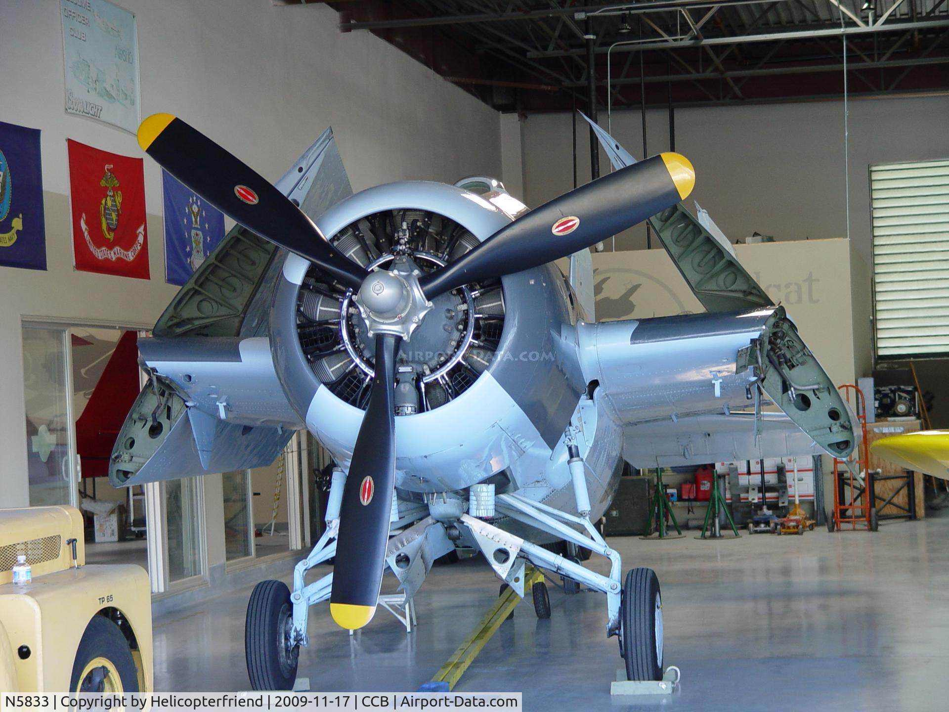 N5833, 1945 General Motors (Grumman) FM-2 Wildcat C/N 5833, N5833 General Motors FM-2 Wildcat, N5833 originally carried Navy BuNo 86819. Its General Motor construction number is 5877. It crashed in 1955 while flying as a sprayer for Butler Aviation of Redmond, Oregon. The rebuild project took years to complete
