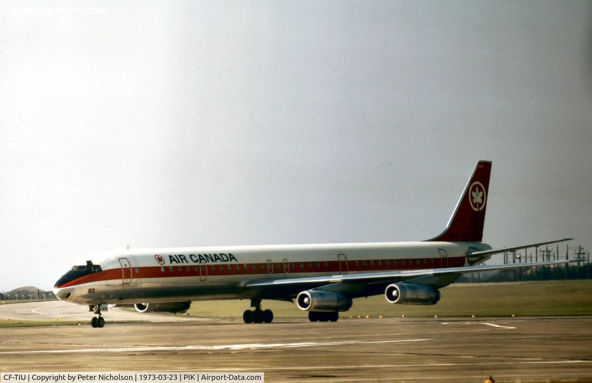 CF-TIU, 1970 Douglas DC-8-63 C/N 46113, DC-8-63 of Air Canada taxying to the terminal at Prestwick in March 1973.