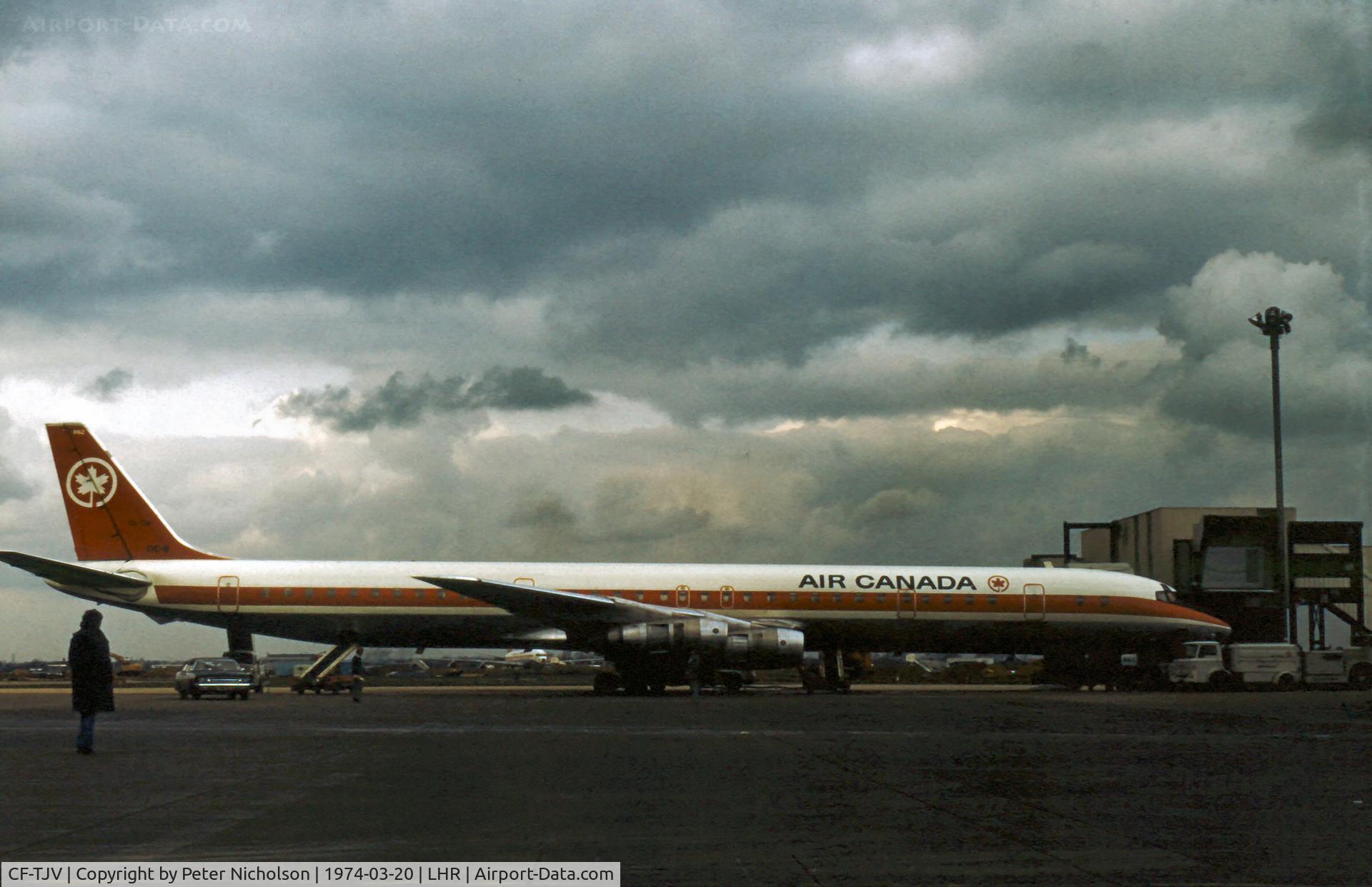 CF-TJV, 1967 Douglas DC-8-61 C/N 45892, DC-8-61 of Air Canada parked at Heathrow in March 1974.