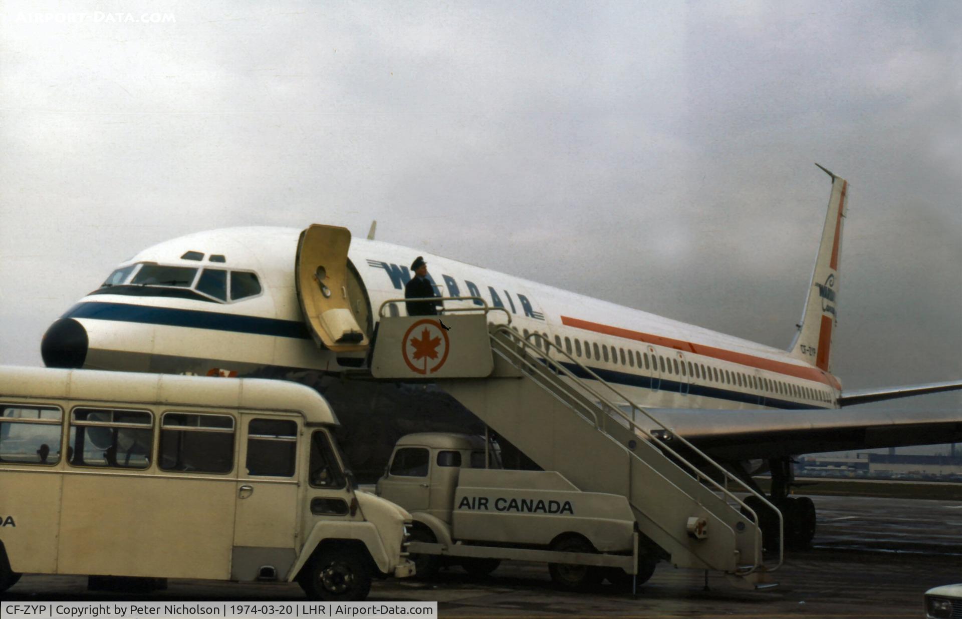 CF-ZYP, 1969 Boeing 707-396C C/N 20043, Boeing 707-396C, named W R Wop May, of Wardair Canada at Heathrow in March 1974.