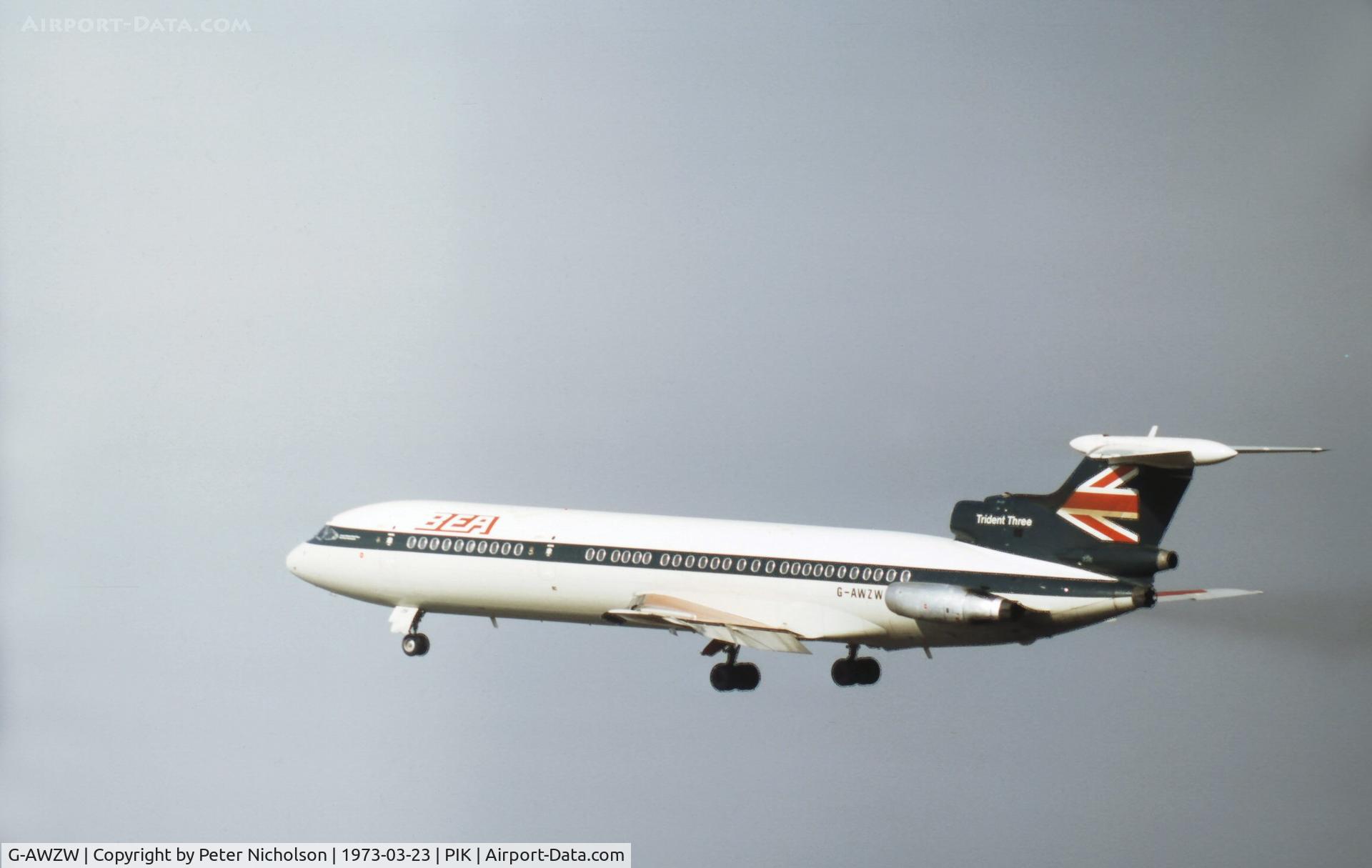G-AWZW, 1971 Hawker Siddeley HS-121 Trident 3B-101 C/N 2323, Trident Three of British European Airways at Prestwick in March 1973.