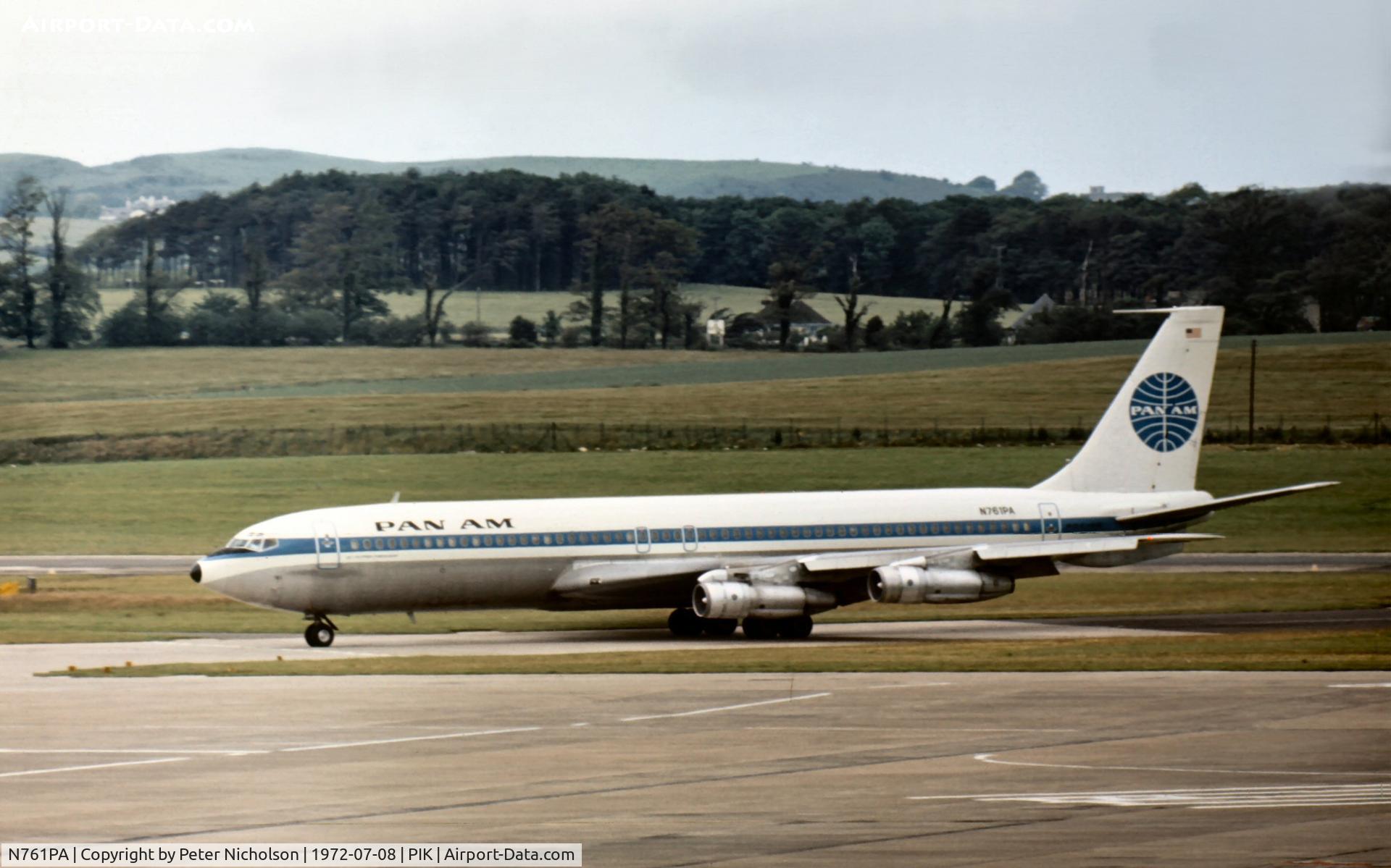 N761PA, 1962 Boeing 707-321B C/N 18336, Pan Am's Boeing 707-321B named Clipper Friendship taxying to the terminal at Prestwick in the Summer of 1972.