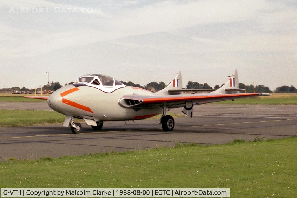 G-VTII, 1954 De Havilland DH-115 Vampire T.11 C/N 15127, De Havilland Vampire T11 (DH-115) at Cranfield Airfield, UK in 1988.