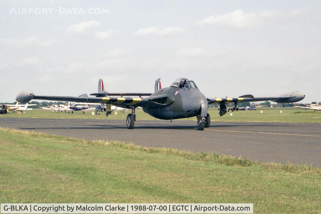 G-BLKA, 1957 De Havilland (F+W Emmen) DH-112 Venom FB.54 C/N 431, De Havilland Venom FB54 at Cranfield Airfield, UK in 1988.