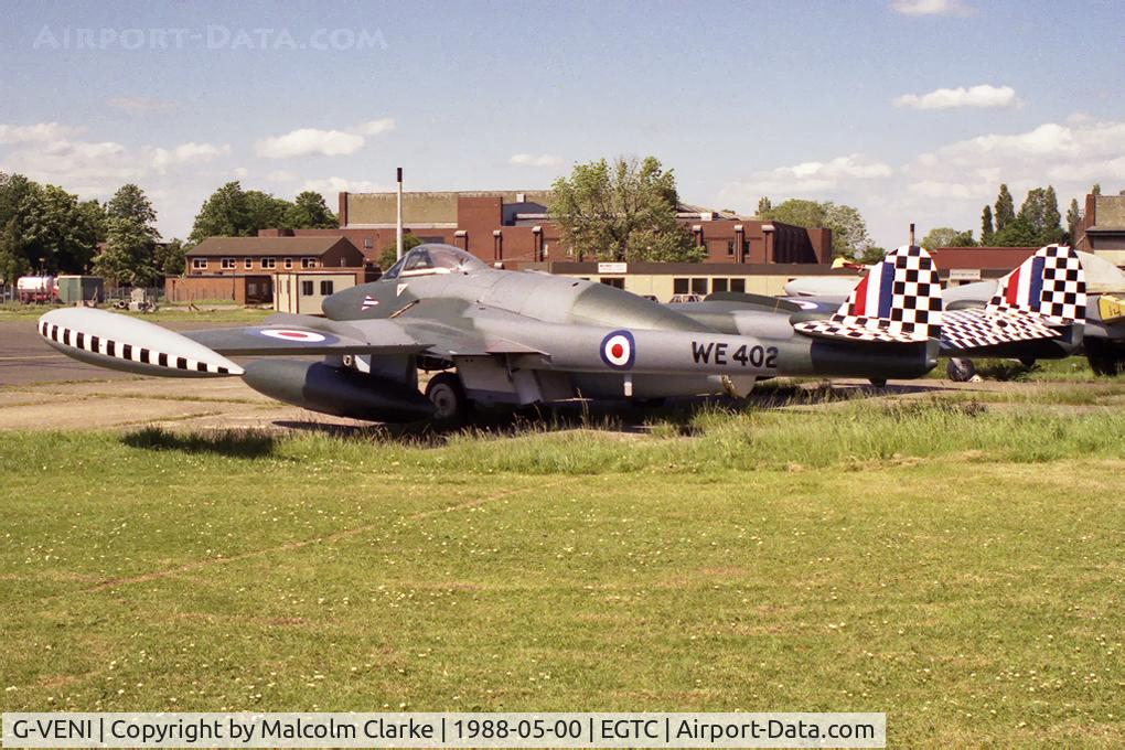 G-VENI, 1955 De Havilland (F+W Emmen) DH-112 Venom FB.50 C/N 733, De Havilland Venom FB50 (DH-112) at Cranfield Airfield, UK in 1988.