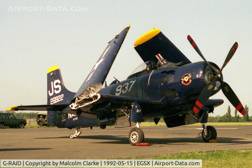 G-RAID, 1948 Douglas A-1D Skyraider (AD-4NA) C/N 7722, Douglas A-1D Skyraider (AD-4NA). Displayed as US Navy 26922 / 937-JS at Airshow Europe, North Weald in 1992