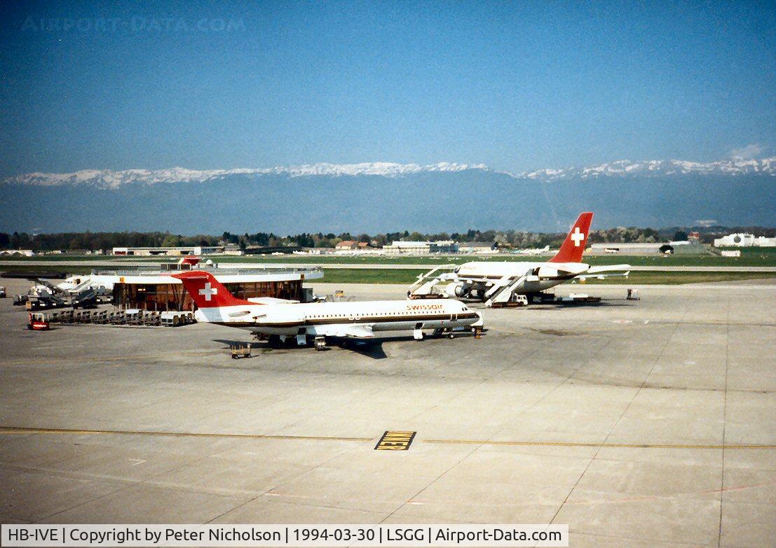HB-IVE, 1988 Fokker 100 (F-28-0100) C/N 11253, Fokker F100 of Swissair at the terminal at Geneva in March 1994.