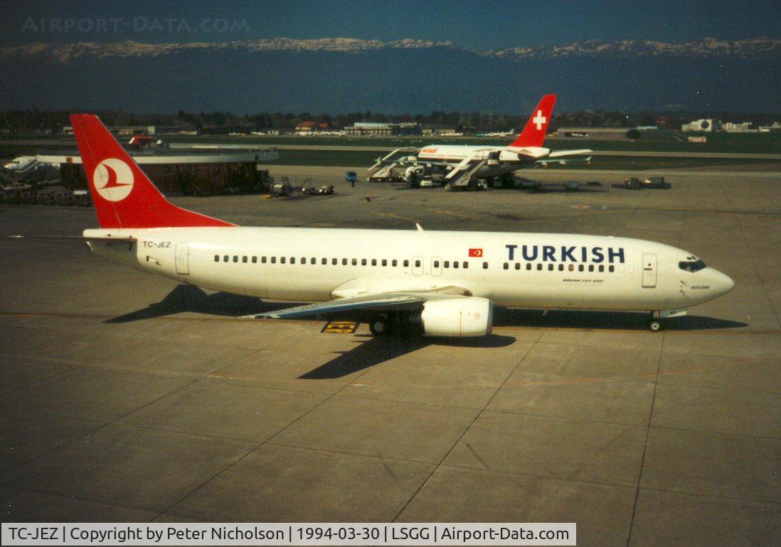 TC-JEZ, 1993 Boeing 737-4YO C/N 26088, Turkish Airlines Boeing 737 named Bergama departing Geneva in March 1994.