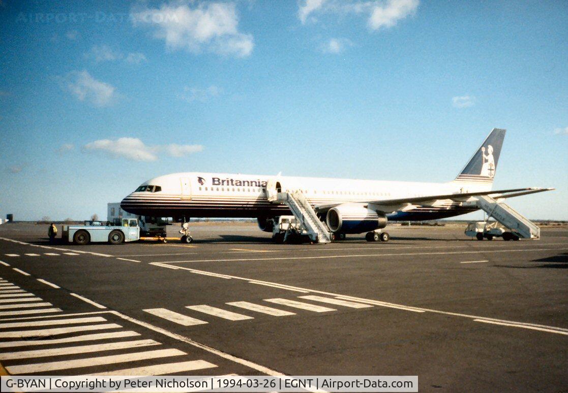 G-BYAN, 1994 Boeing 757-204 C/N 27219, Boeing 757-204 of Britannia Airways ready for boarding at Newcastle in March 1994.