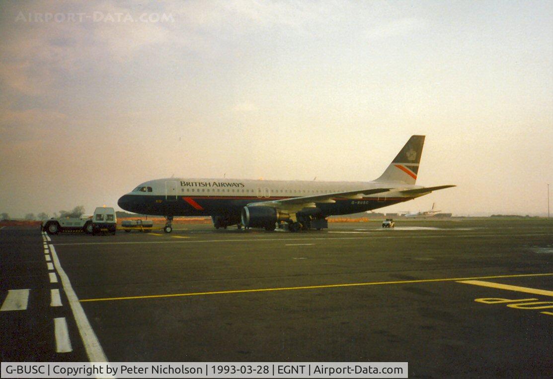 G-BUSC, 1987 Airbus A320-111 C/N 008, British Airways Airbus A.320 preparing for early morning departure at Newcastle in March 1993.