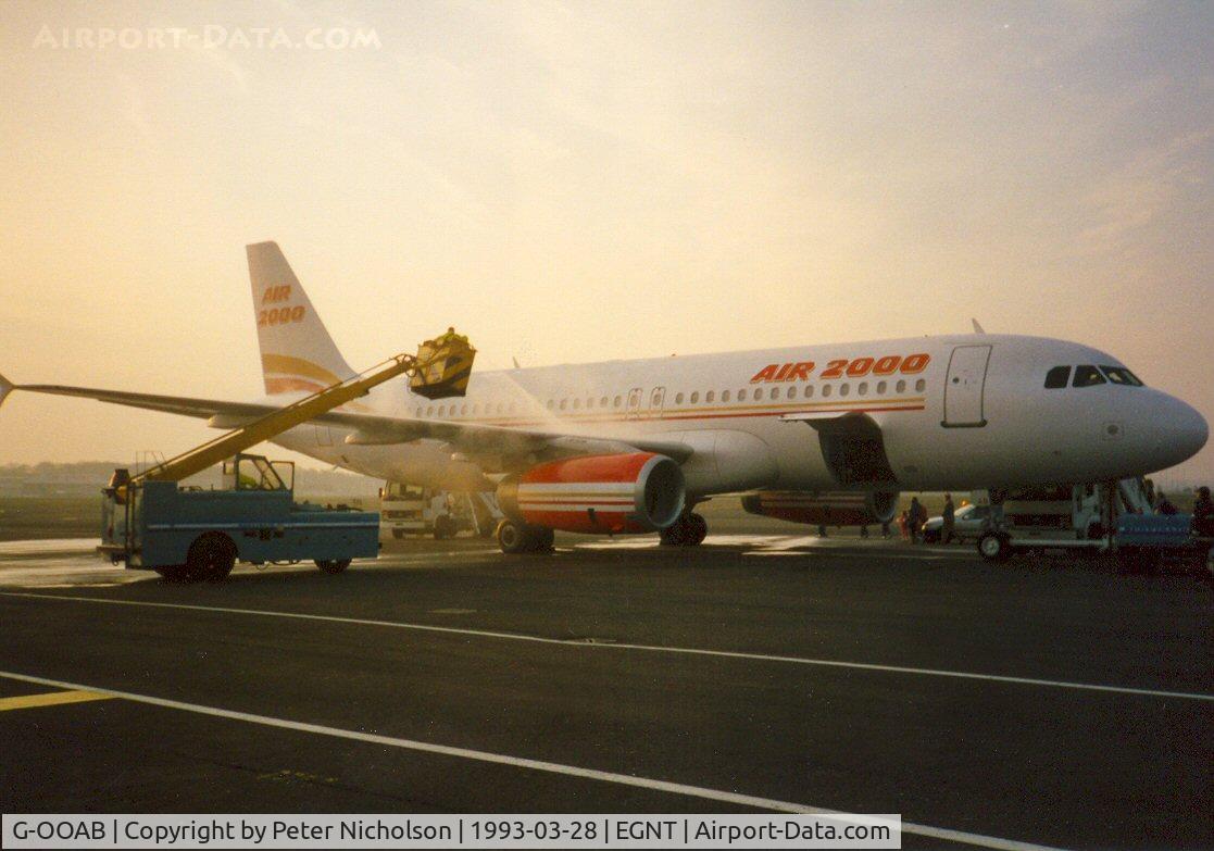 G-OOAB, 1992 Airbus A320-231 C/N 292, Air 2000 Airbus A.320 being prepared for early morning departure at Newcastle in March 1993.