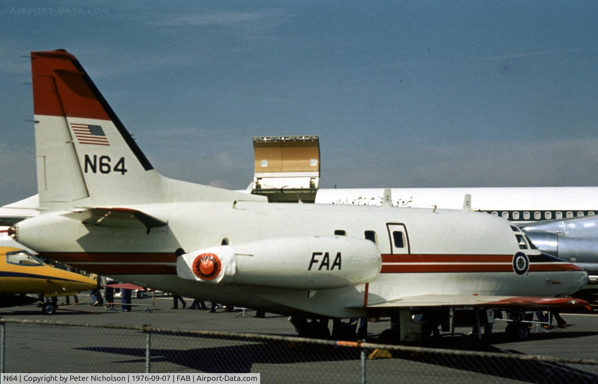 N64, 1975 North American Sabre 75A C/N 380-35, Sabre 75A of the Federal Aviation Administration's Frankfurt base in the static park of the 1976 Farnborough Airshow.