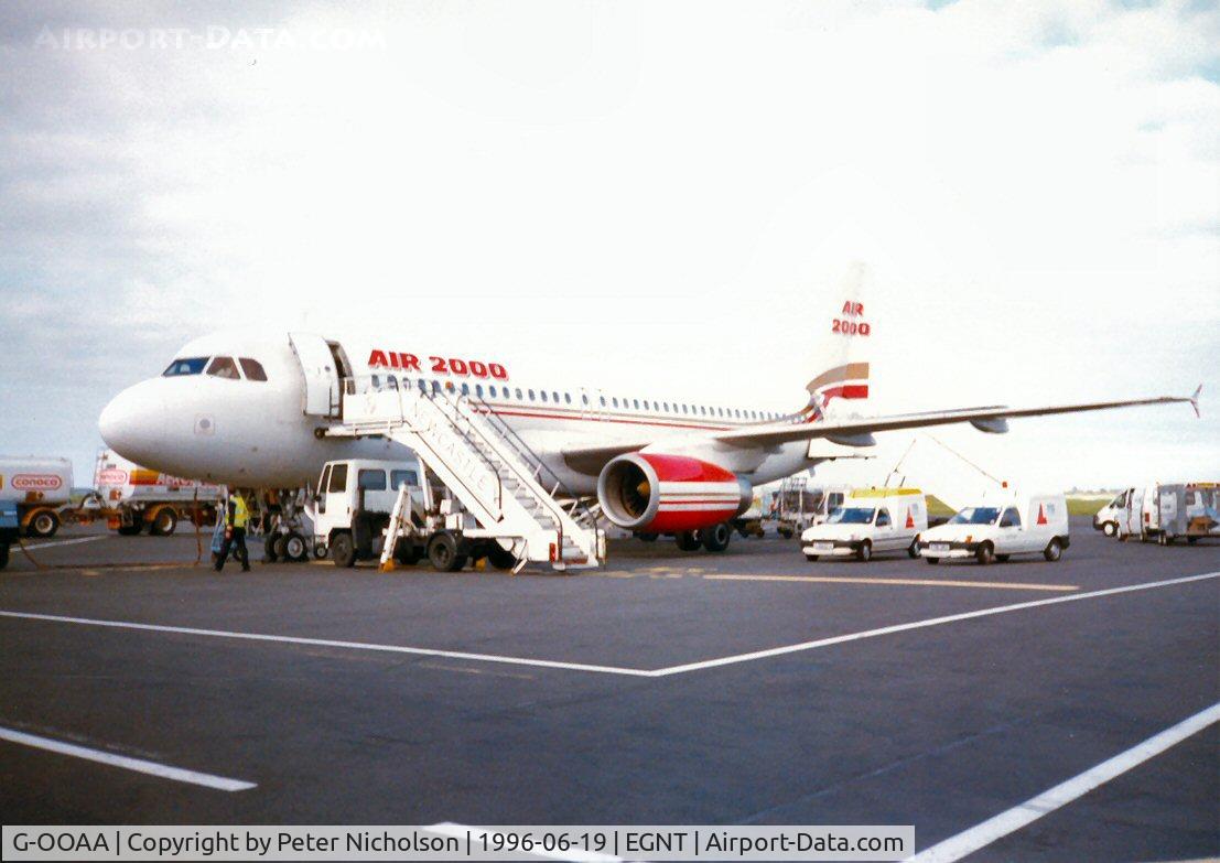 G-OOAA, 1992 Airbus A320-231 C/N 291, Air 2000 Airbus A.320 as seen at Newcastle in the Summer of 1996.
