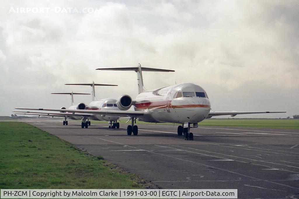 PH-ZCM, 1989 Fokker 100 (F-28-0100) C/N 11277, Fokker 100 (F-28-0100). In store at Cranfield after the collapse of Air Europe in 1991.