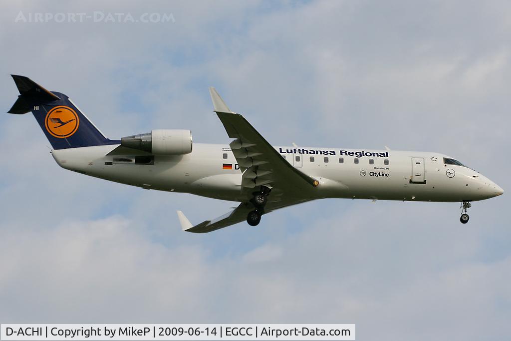 D-ACHI, 2000 Canadair CRJ-200LR (CL-600-2B19) C/N 7464, Short final to Runway 23R at Manchester.
