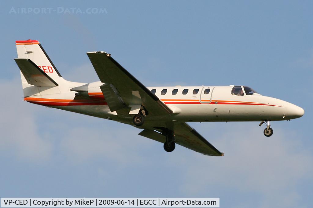 VP-CED, 1999 Cessna 550 Citation Bravo C/N 550-0870, Short final to Runway 23R at Manchester.