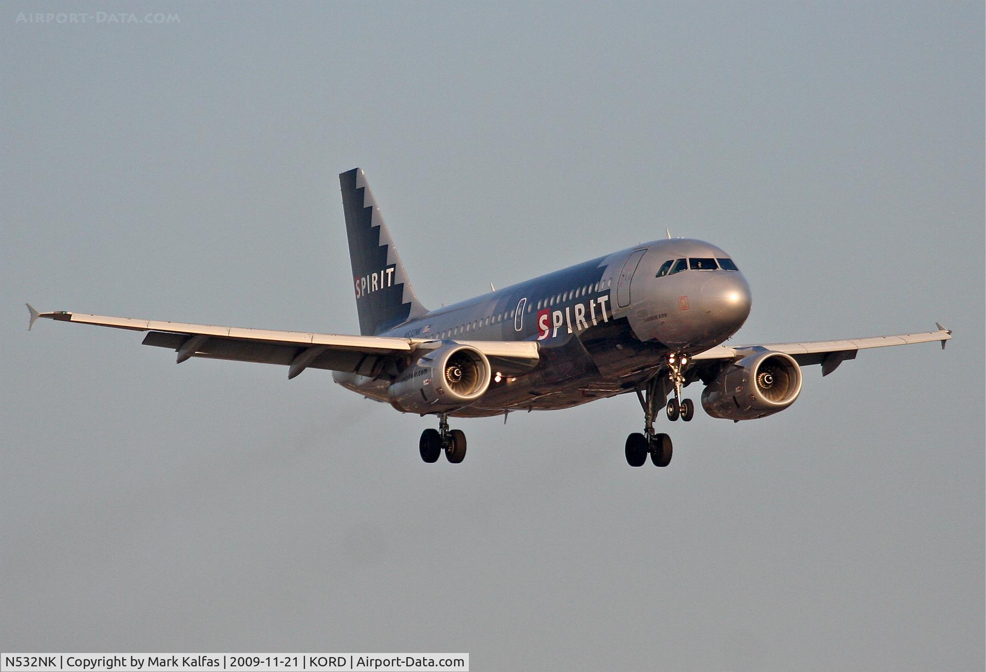 N532NK, 2007 Airbus A319-132 C/N 3165, Spirit Airlines A319-132, NKS220 arriving from KRSW, short final 22R KORD.