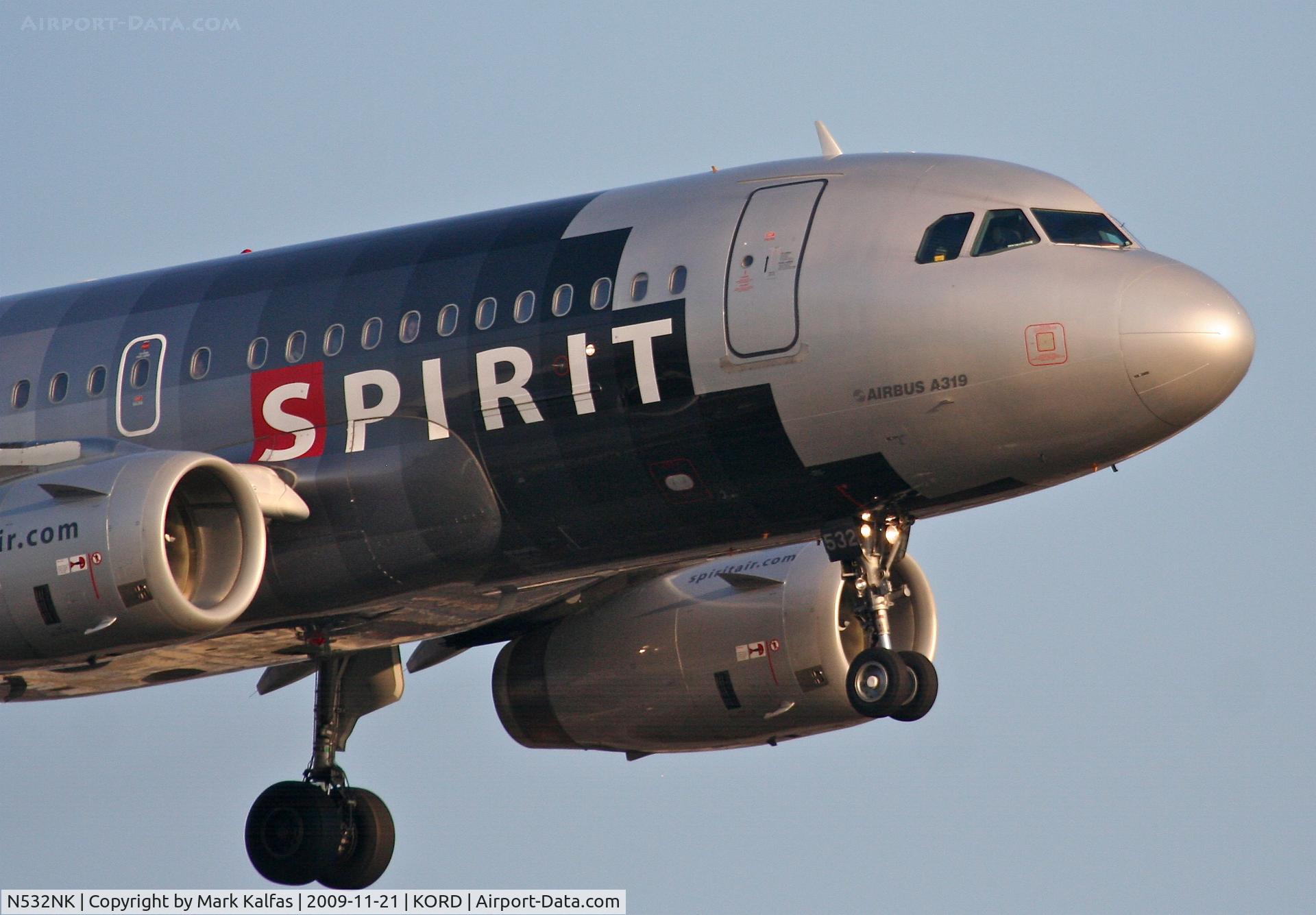 N532NK, 2007 Airbus A319-132 C/N 3165, Spirit Airlines A319-132, NKS220 arriving from KRSW, short final 22R KORD.