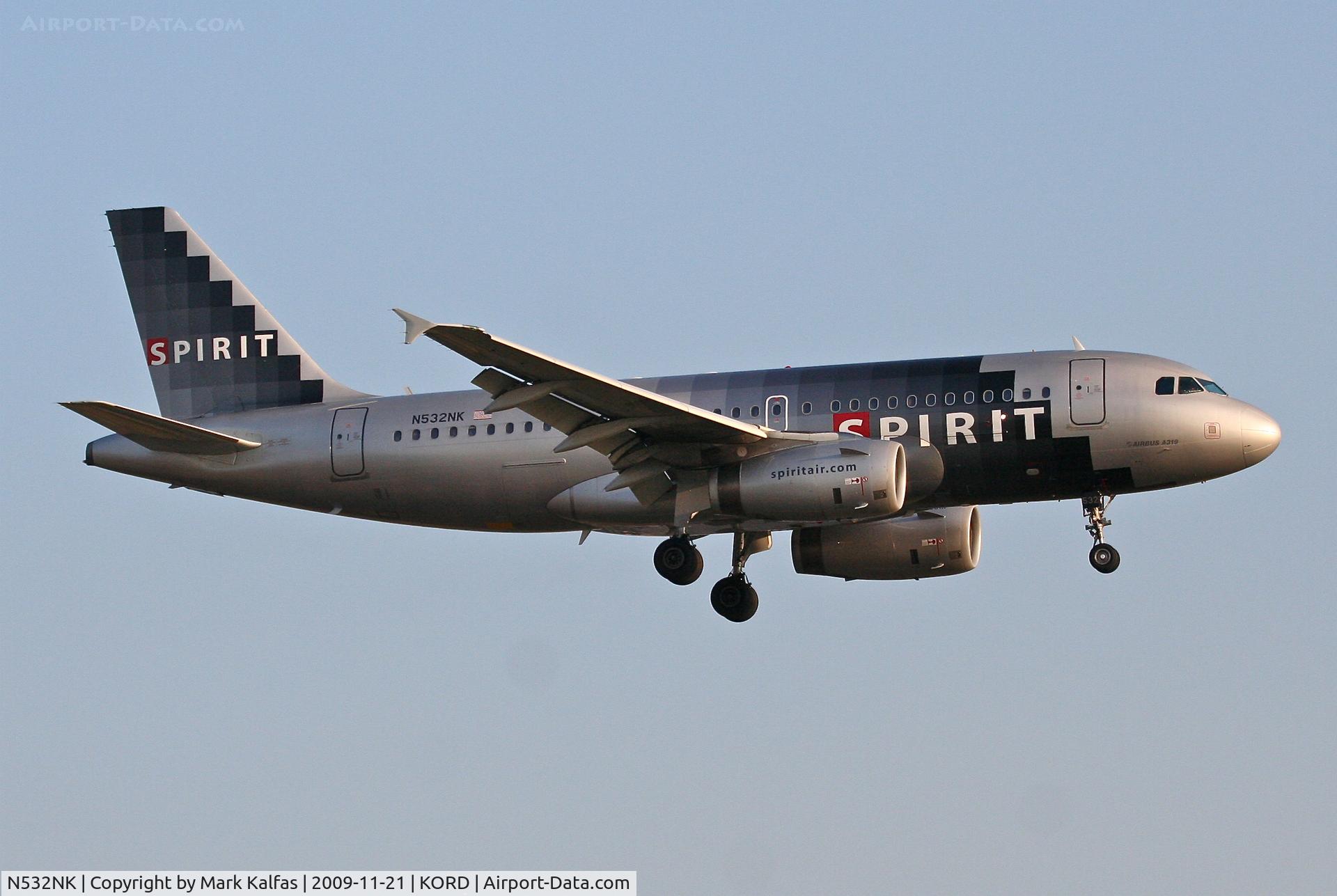 N532NK, 2007 Airbus A319-132 C/N 3165, Spirit Airlines A319-132, NKS220 arriving from KRSW, short final 22R KORD.