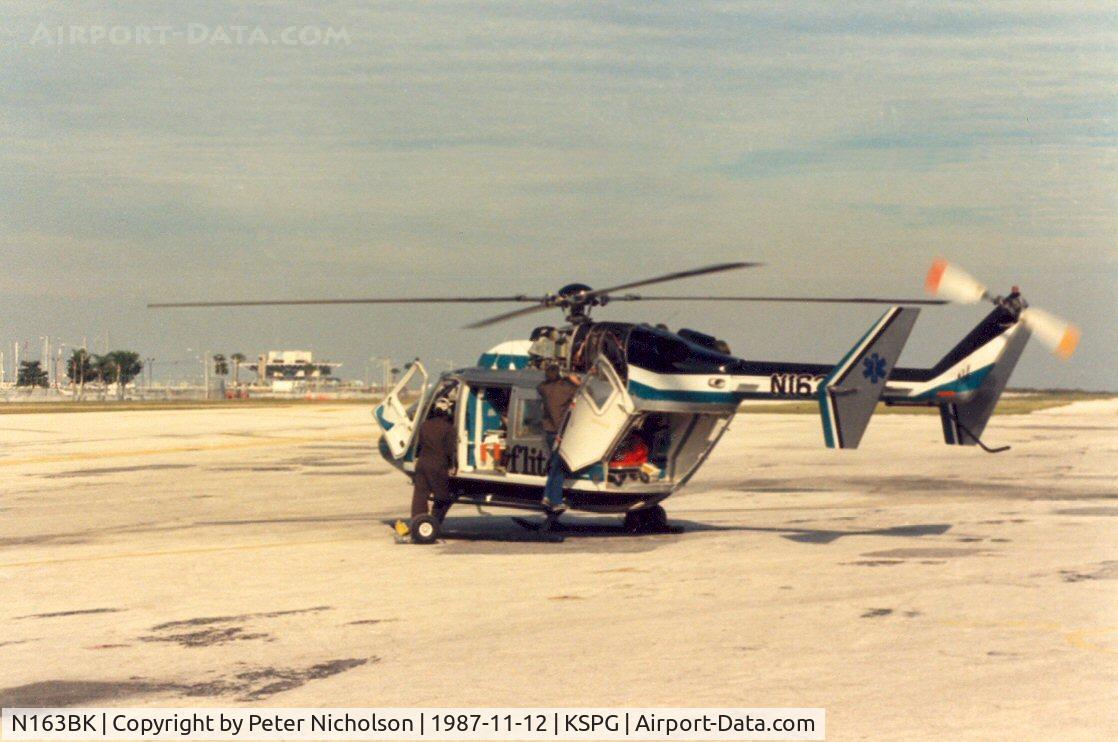 N163BK, Eurocopter-Kawasaki BK-117A-4 C/N 7063, MBB BK 117A of Bayflite air medical flight at St. Petersburg in November 1987, serving the Tampa Bay area.
