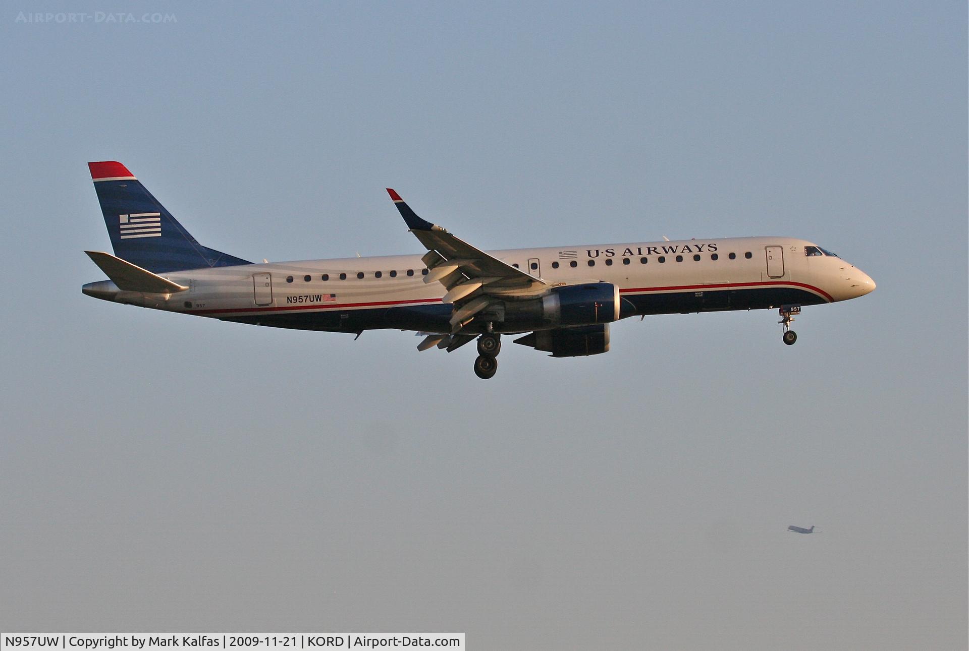 N957UW, 2008 Embraer ERJ-190-100 IGW 190AR C/N 19000161, US AIRWAYS ERJ 190-100 IGW , AWE924 arriving from KCLT, short final 22R KORD.