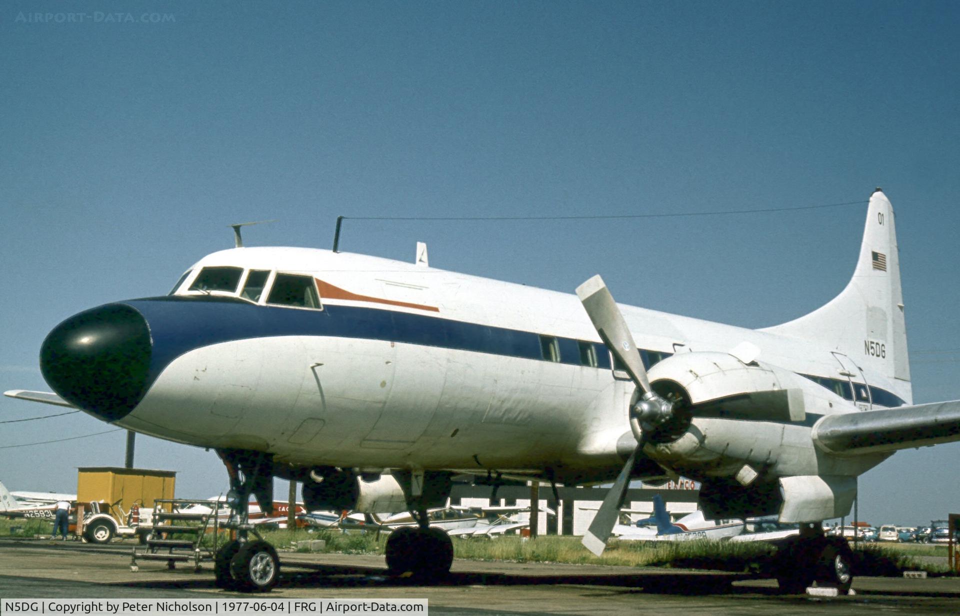 N5DG, 1954 Convair 440 Metropolitan C/N 148, This Convair 340 seen at Republic in the Summer of 1977 was previously in service with the Luftwaffe as 12+01. The digits 01 were still visible on the tailfin.
