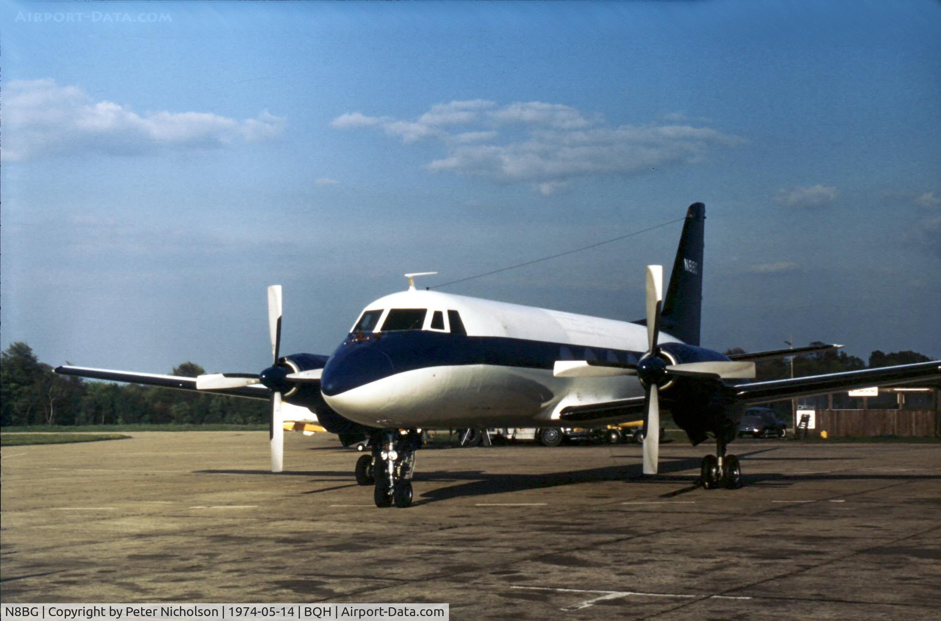 N8BG, 1959 Grumman G-159 Gulfstream 1 C/N 22, Gulfstream I parked at Biggin Hill in May 1974.