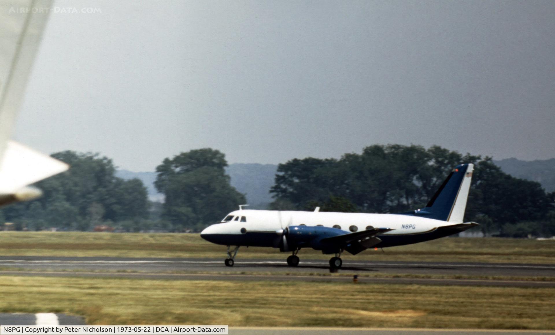 N8PG, 1965 Grumman G-159 Gulfstream 1 C/N 164, Gulfstream I seen arriving at Washington National in May 1973.