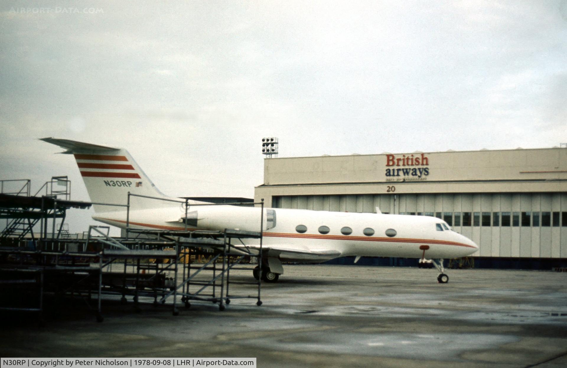 N30RP, 1972 Grumman G1159 Gulfstream II C/N 113, This Gulfstream II operated for RCA Corporation was parked at Heathrow in September 1978.