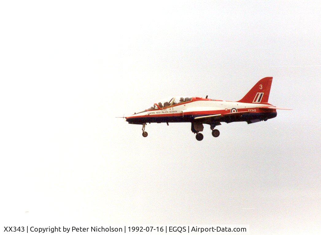 XX343, 1981 Hawker Siddeley Hawk T.1 C/N 192/312167, This Empire Test Pilots School Hawk visited RAF Lossiemouth in the Summer of 1992.