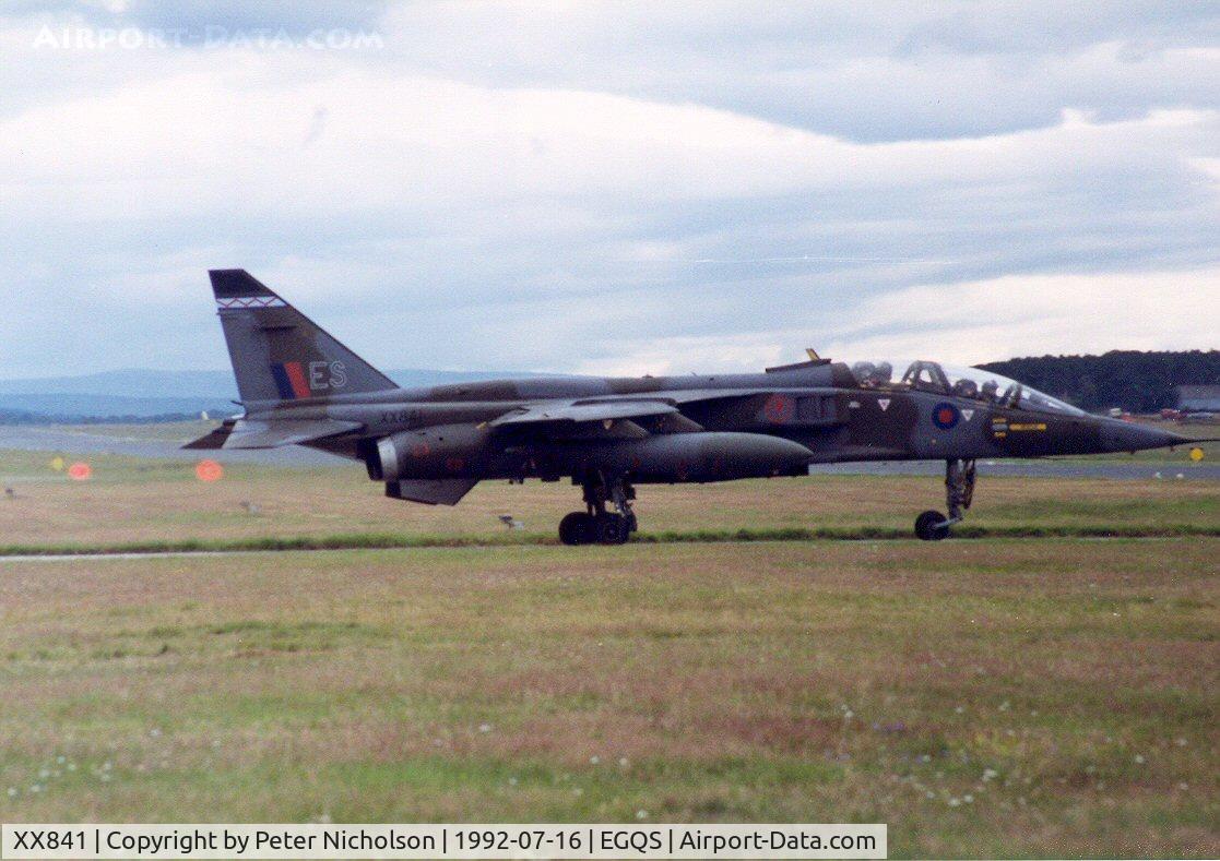 XX841, 1975 Sepecat Jaguar T.2A C/N B.29, Jaguar T.2A of 6 Squadron awaiting take-off clearance at Lossiemouth in the Summer of 1992.